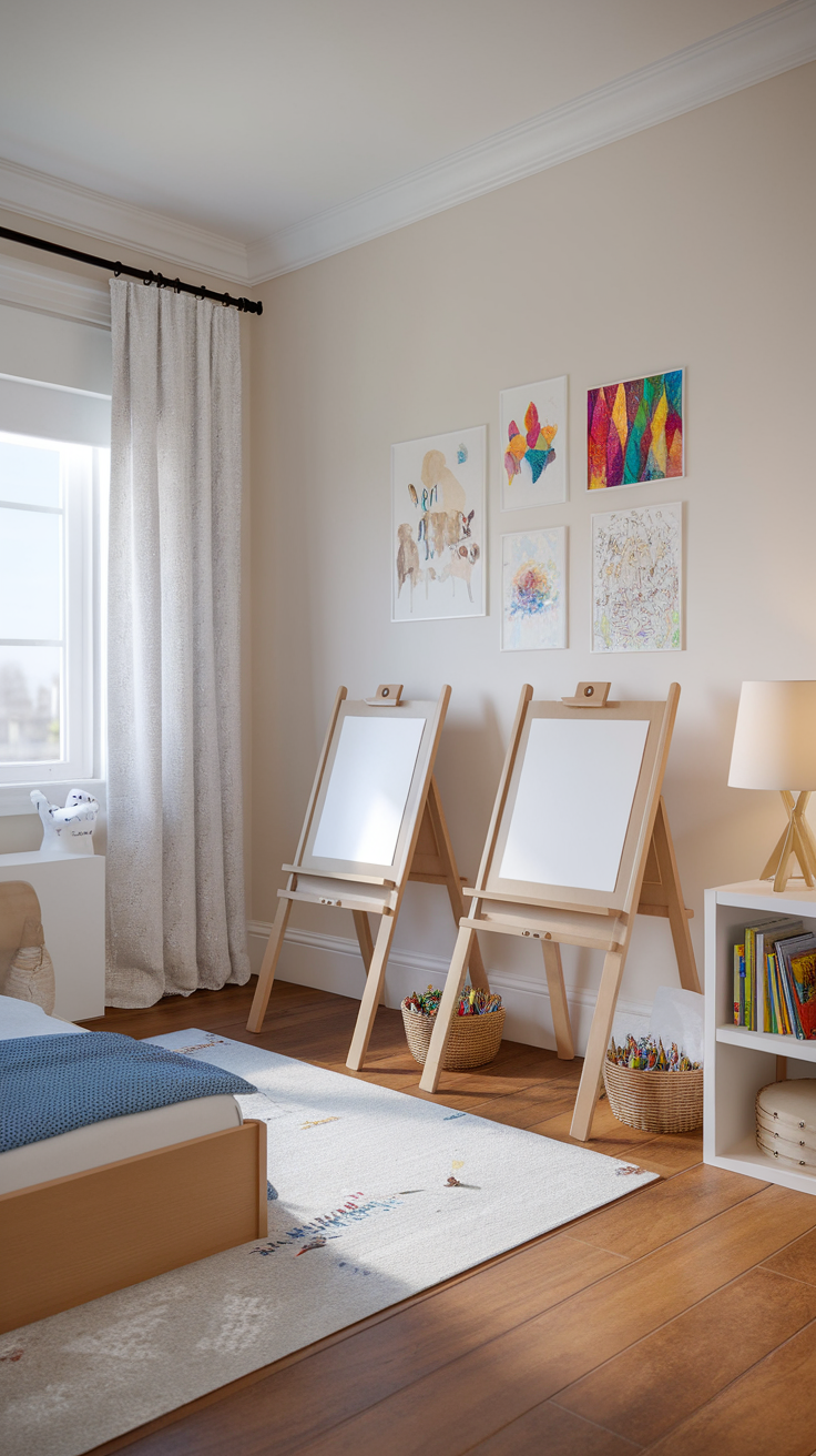 A bright toddler bedroom with two easels, colorful artwork, and organized art supplies.