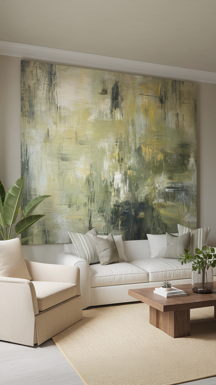 A cozy living room featuring a large abstract artwork in sage green, a white sofa, and a wooden coffee table.