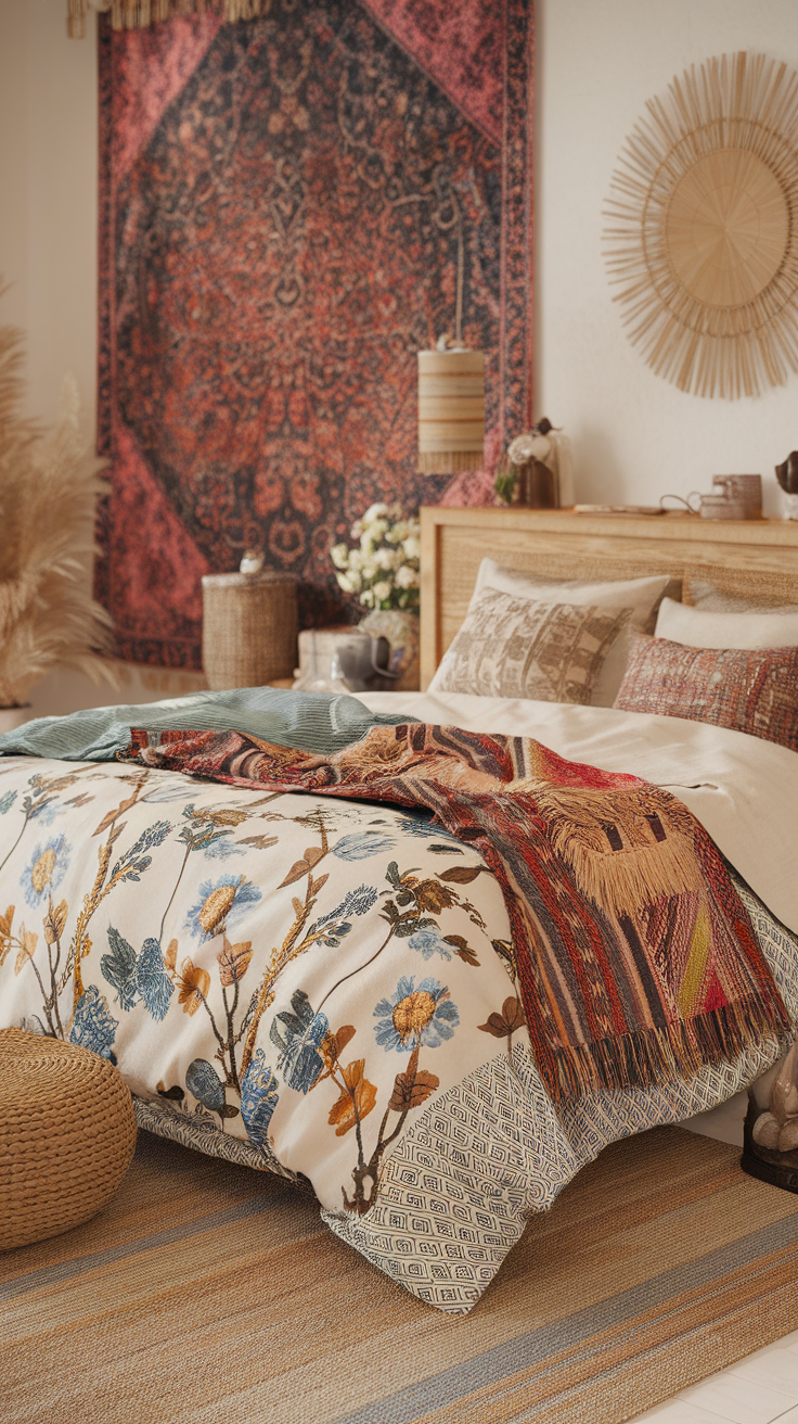 Cozy bedroom with bohemian patterns featuring a floral duvet, textured pillows, and a decorative tapestry.