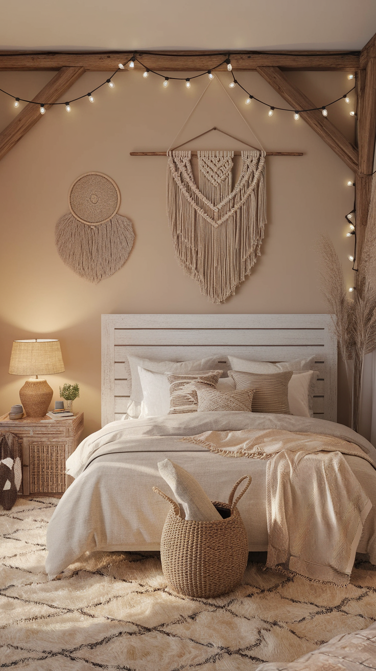 Cozy bedroom with minimalist and boho decor featuring a macramé wall hanging, soft bedding, and warm lighting.