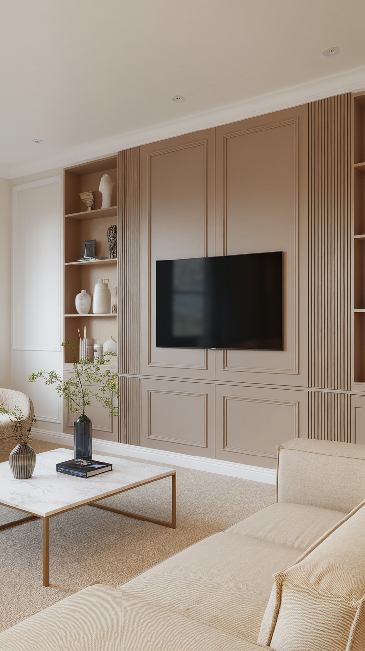 A modern living room with a TV wall and built-in shelves, showcasing hidden storage.