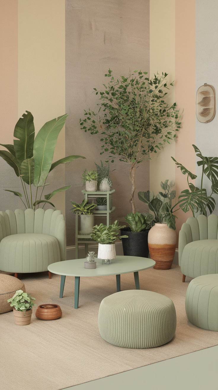 A cozy living room with sage green furniture and various indoor plants, including a large leafy tree and smaller potted plants, creating a warm atmosphere.