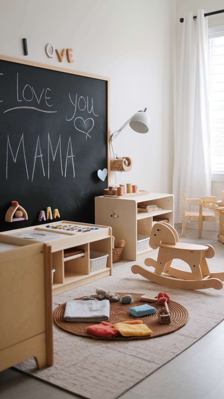 A cozy toddler bedroom featuring a chalkboard wall, colorful art supplies, a rocking horse, and a playful layout.