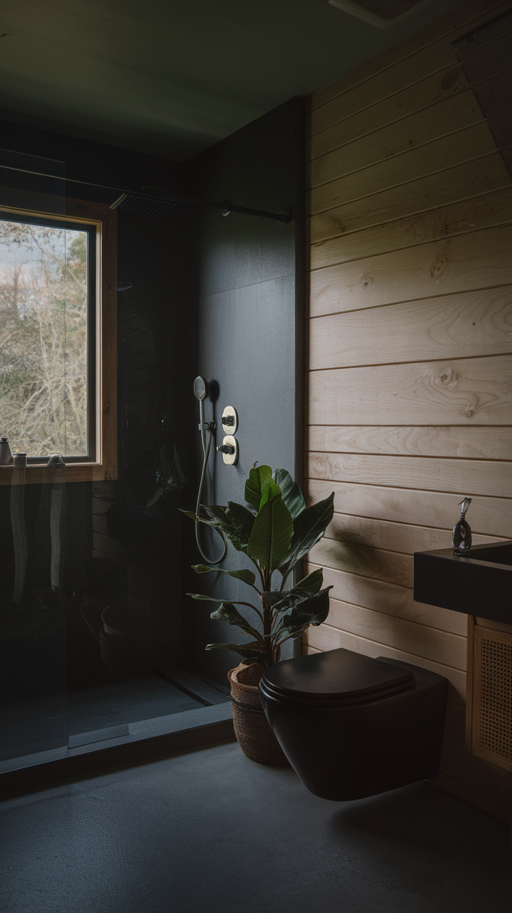 A modern dark colour bathroom featuring wood walls, a shower, a plant, and natural light from a window.