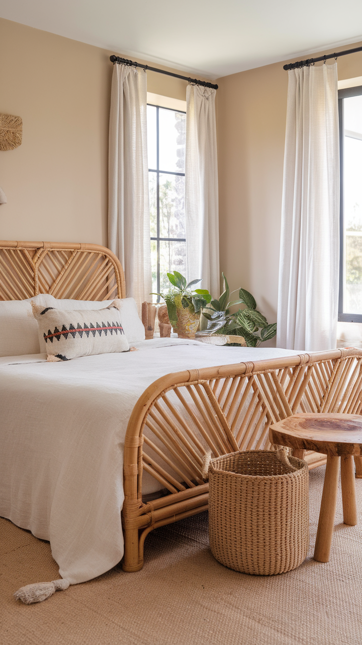 A cozy minimalist bedroom showcasing a rattan bed frame, soft bedding, and natural textures with plants and woven decor.