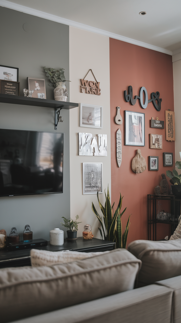 Cozy living room featuring a TV accent wall with art and plants.