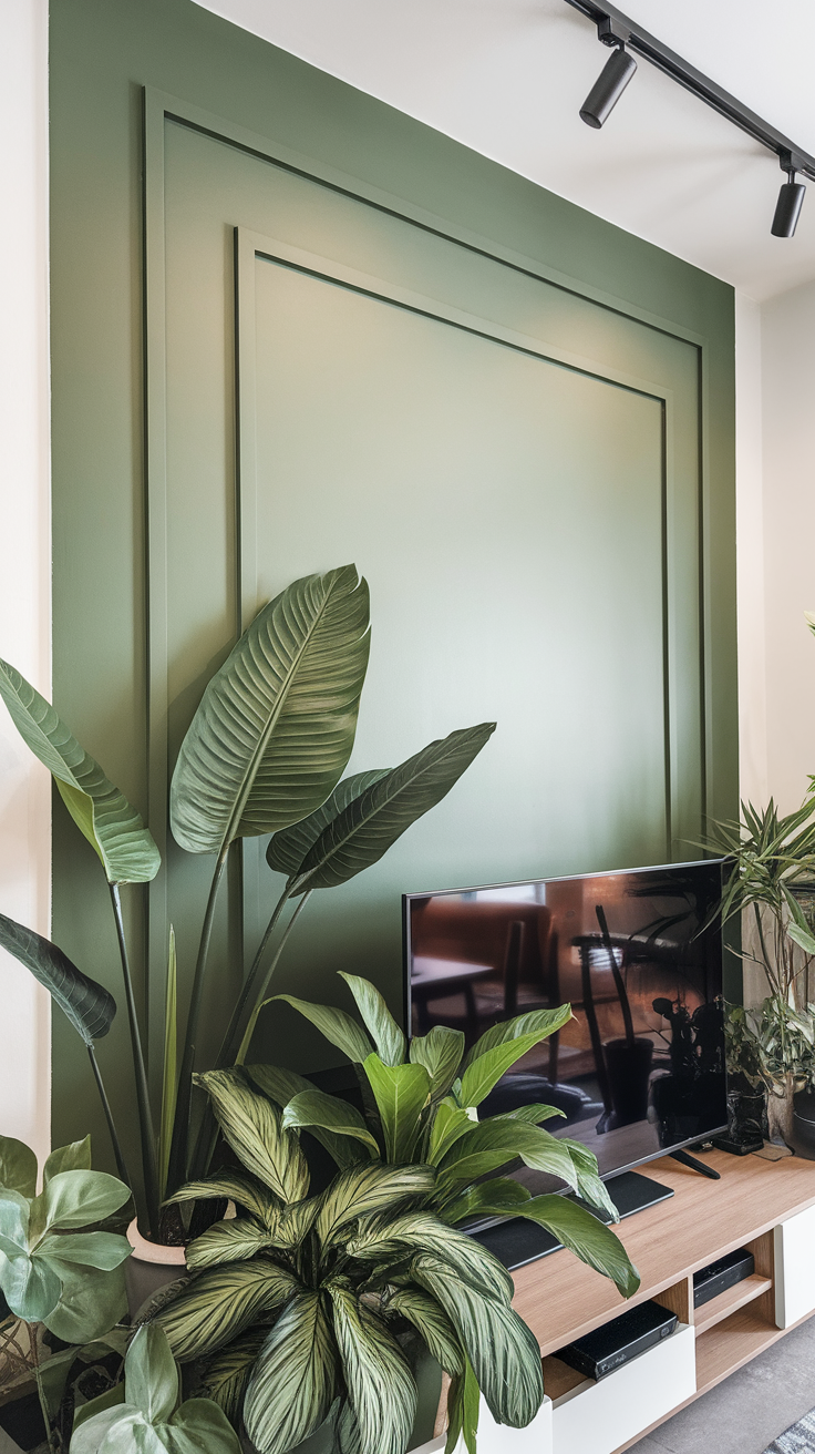 A living room featuring a green accent wall with various indoor plants placed near a television.