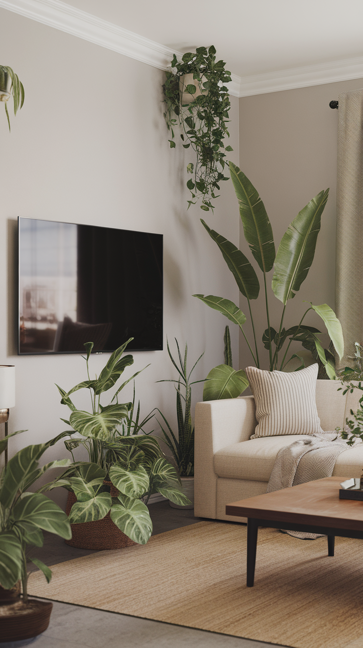 A cozy living room with a couch, various indoor plants, and a tv wall.