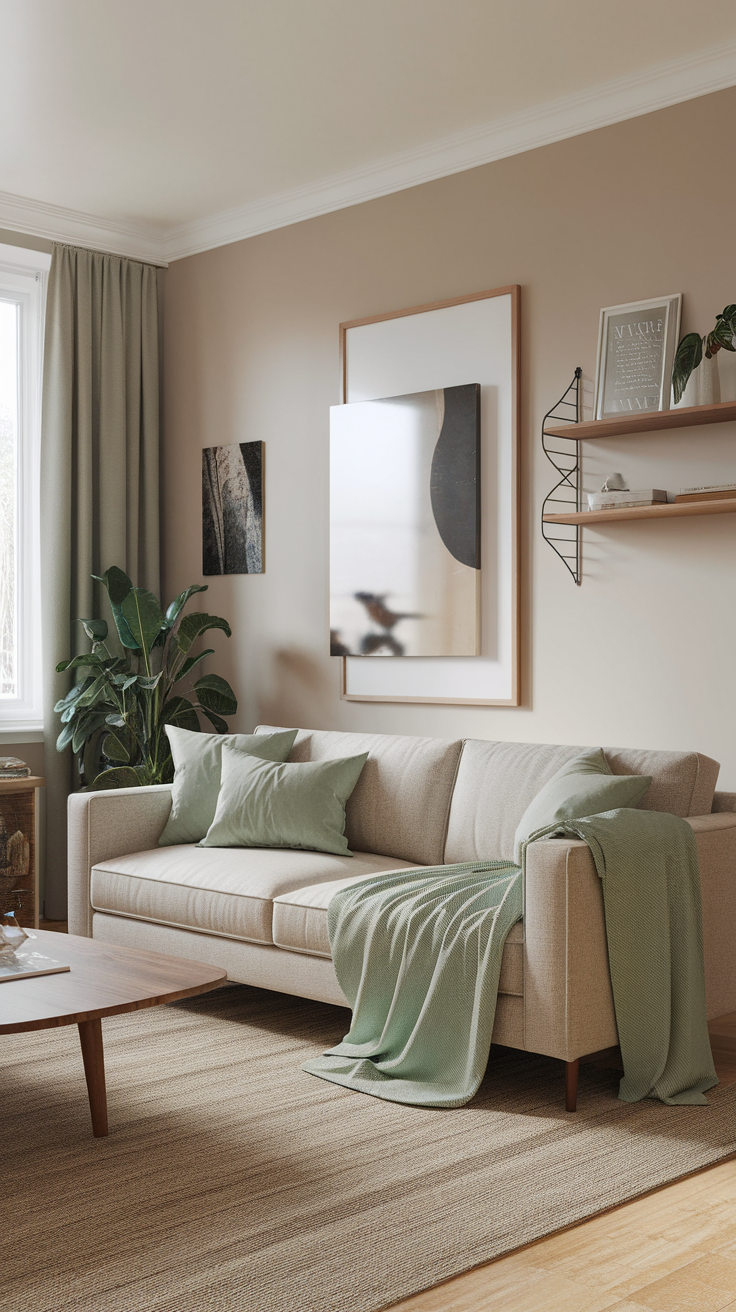 A cozy living room featuring sage green accents with a neutral backdrop.