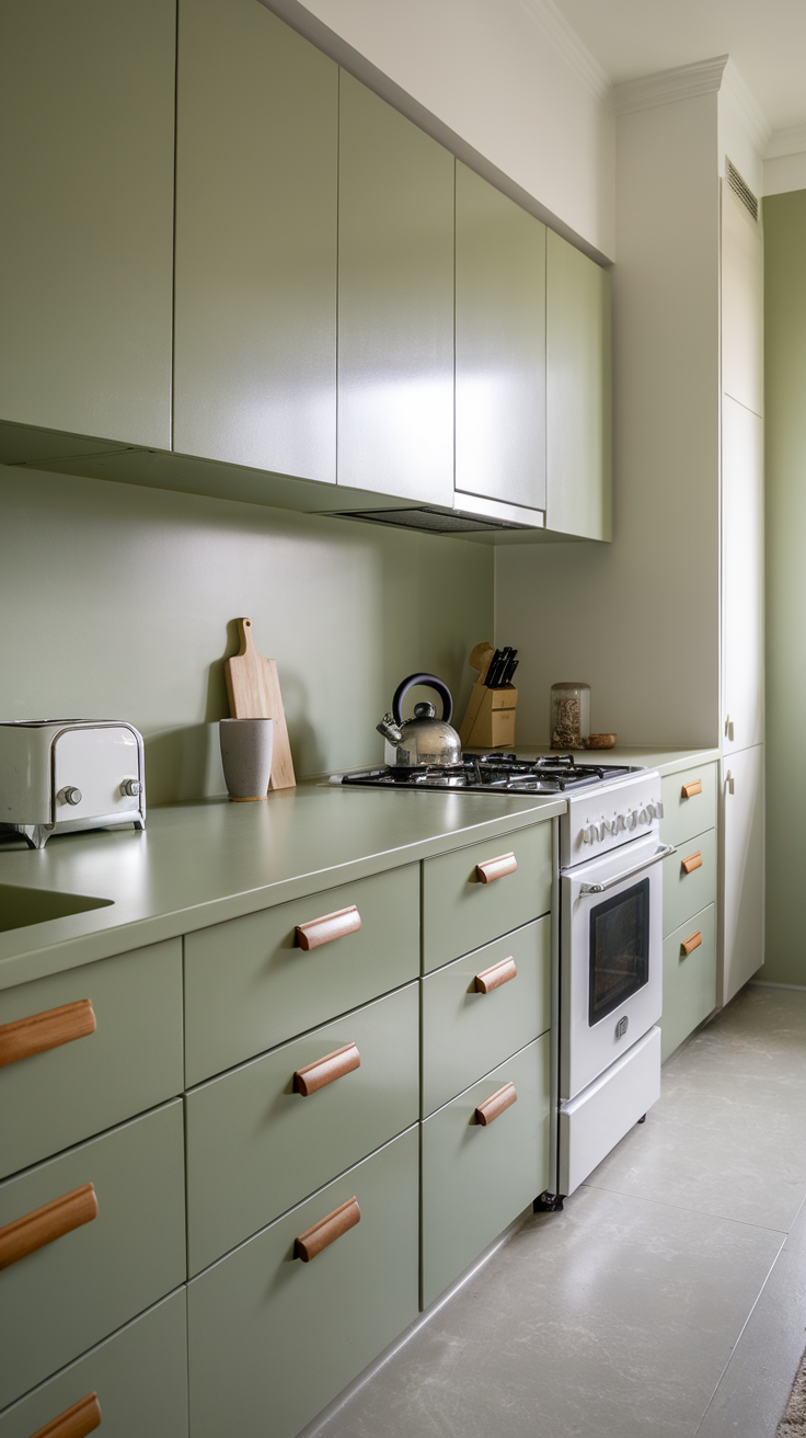 A chic kitchen featuring sage green cabinets, a white farmhouse sink, and modern appliances.