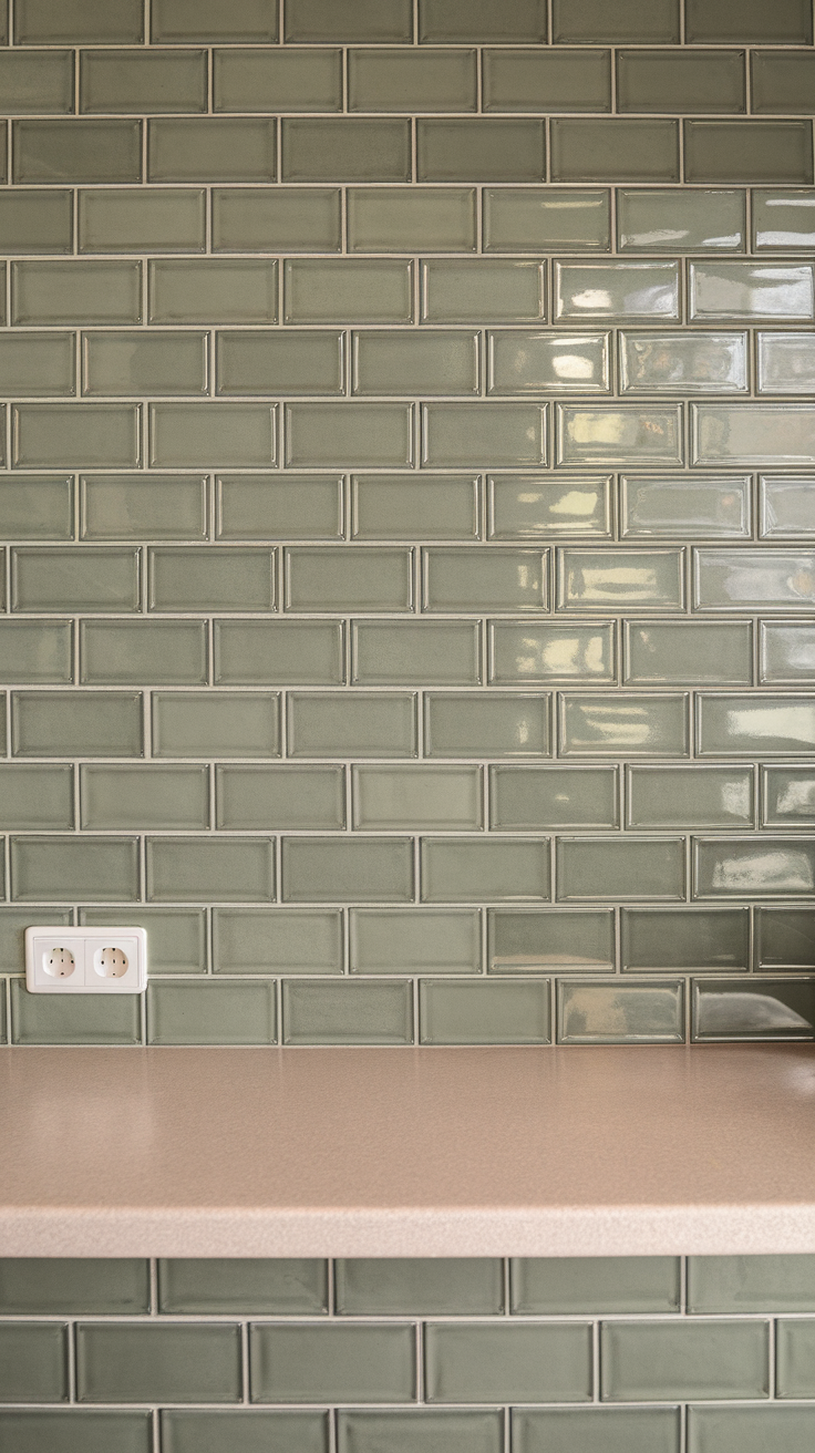 A close-up view of sage green tiles in a kitchen setting, showcasing a modern backsplash with wooden utensils and a gas stove.