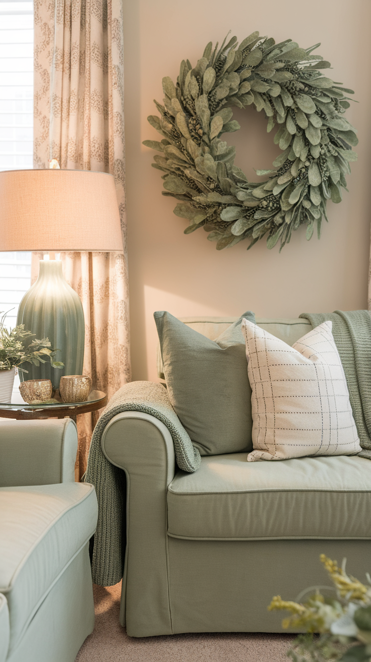 A cozy living room decorated for fall with sage green accents and pumpkins.