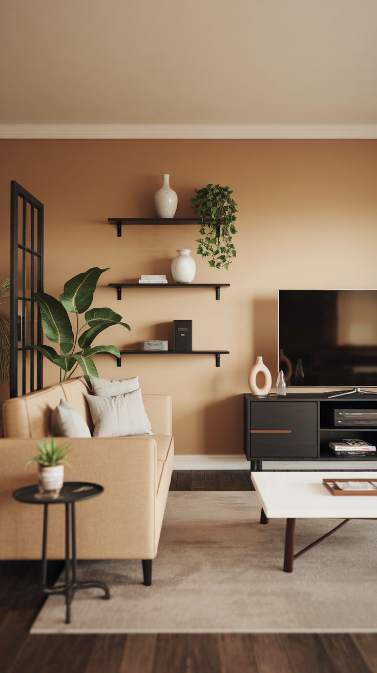 A cozy living room featuring stylish shelves with decorative items and plants.