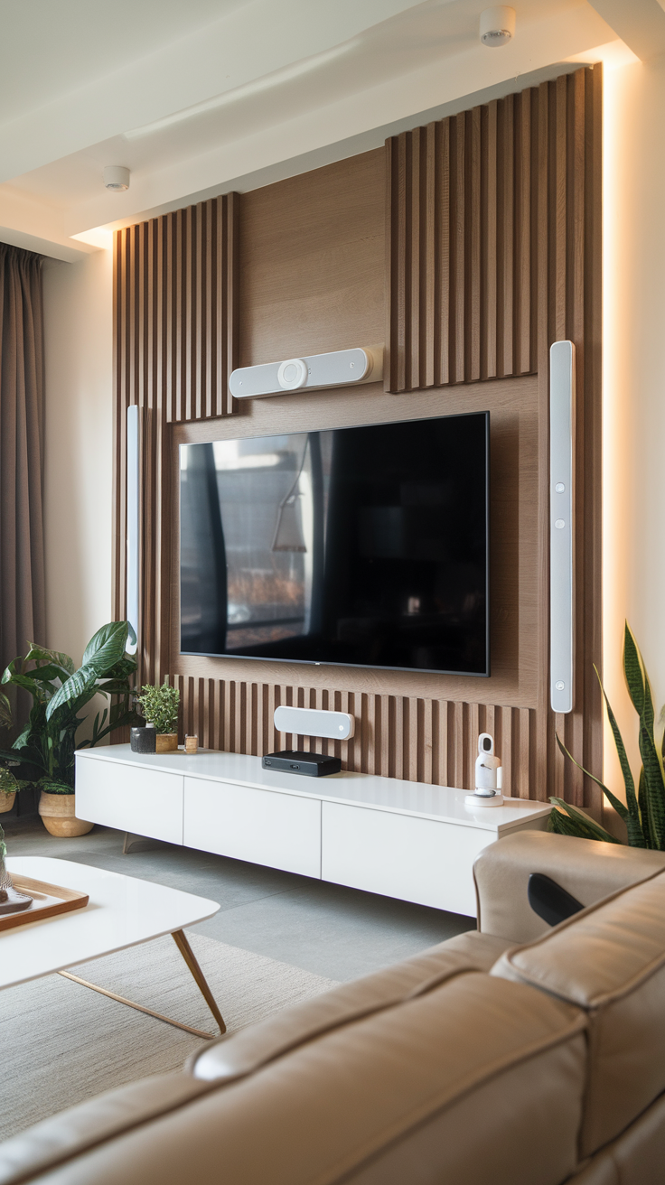 Stylish living room with a modern TV accent wall and smart home technology