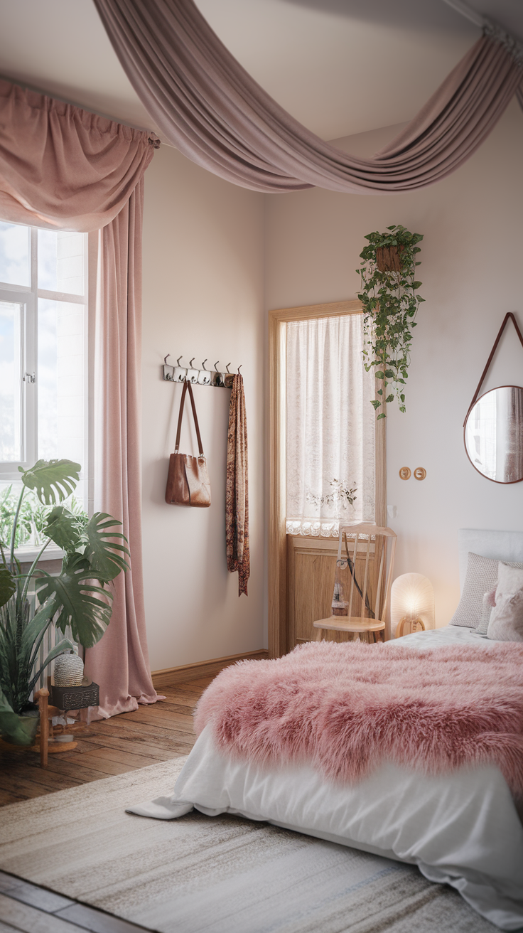 A cozy bedroom with soft pink drapery, a fluffy pink bedspread, and green plants.