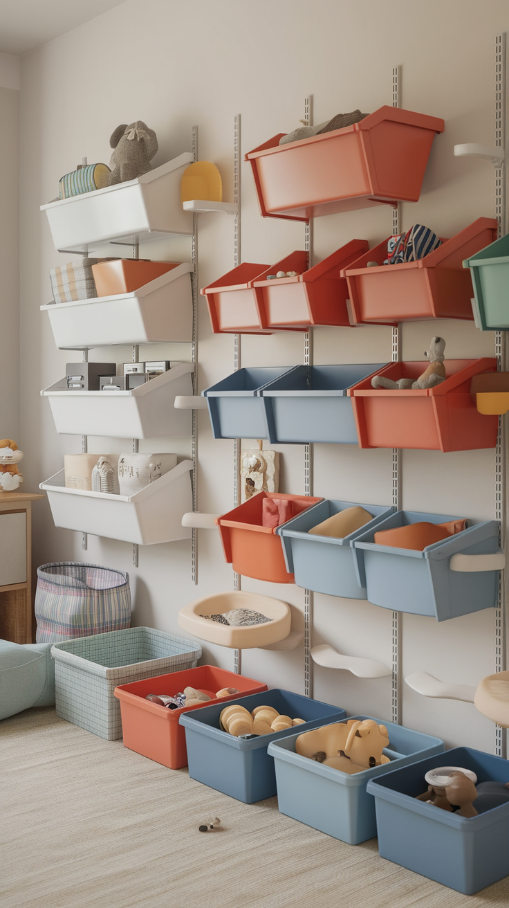 Colorful storage bins mounted on a wall in a toddler's bedroom, showcasing an organized space for toys and play items.