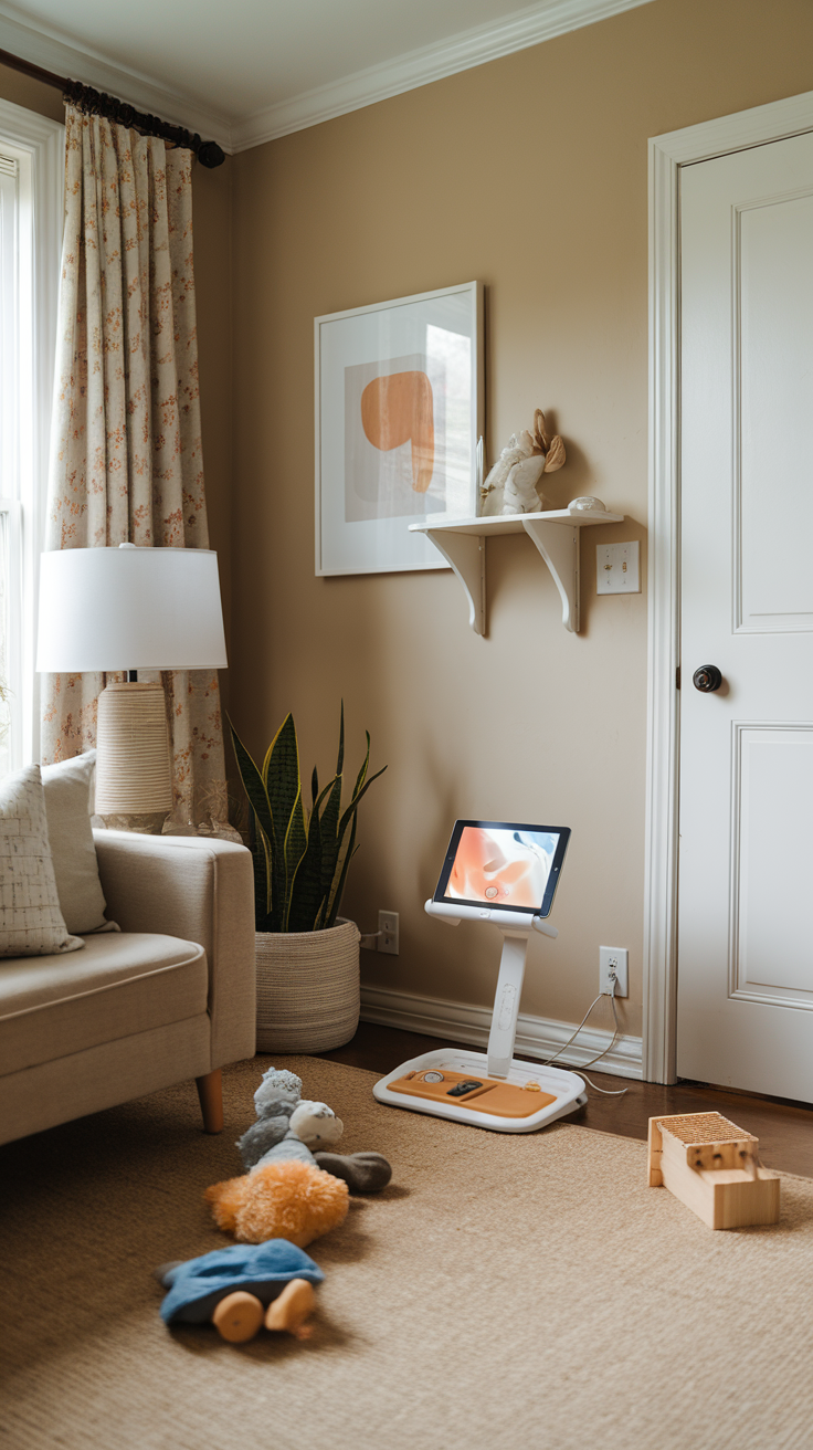 A cozy toddler bedroom showing a tablet on a stand, soft toys on the floor, and a warm atmosphere.