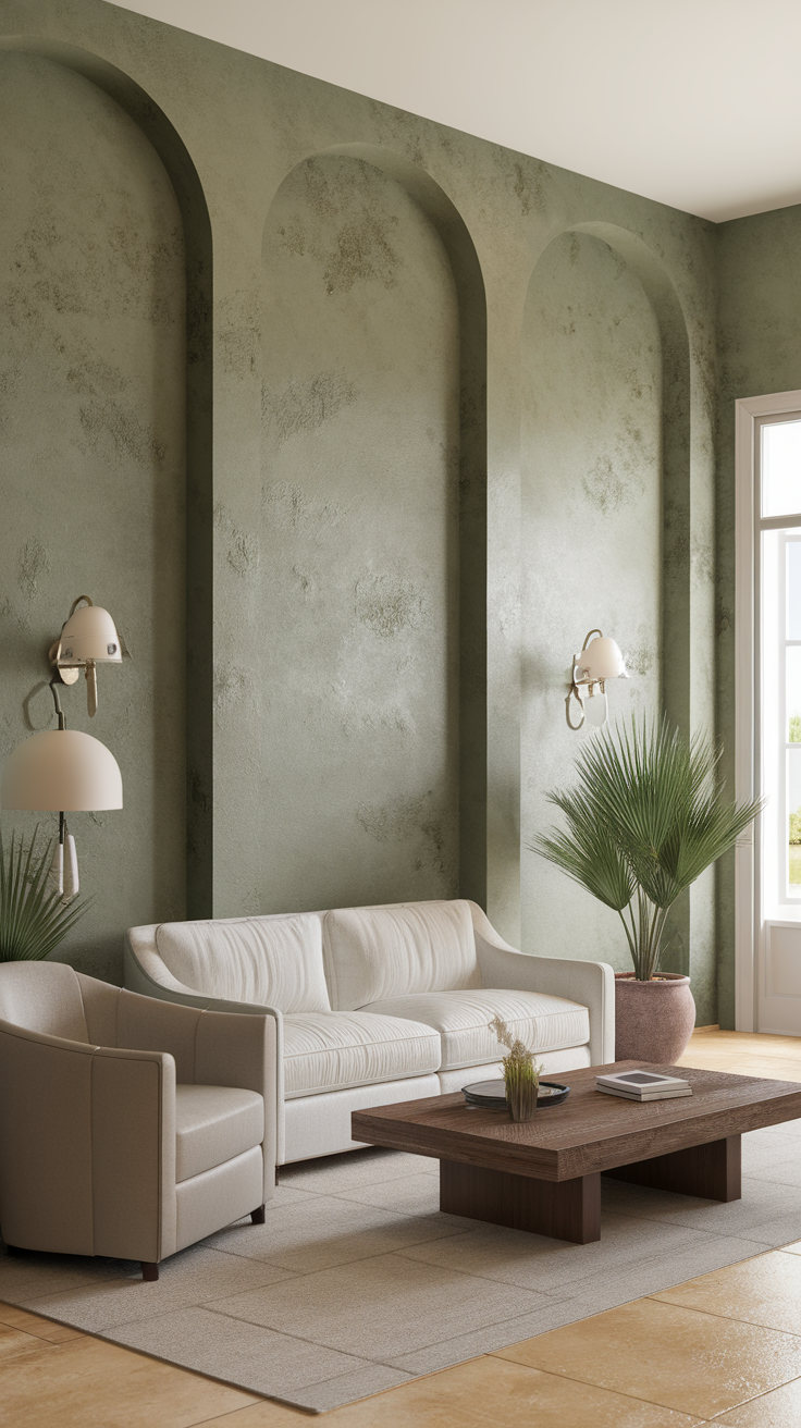 Cozy living room featuring textured sage green walls, soft furniture, and natural elements.