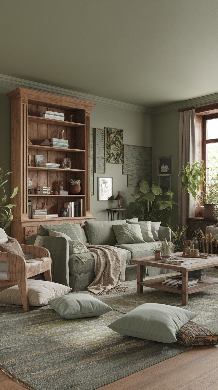 A cozy living room featuring sage green walls, a plush couch, wooden furniture, and plants.