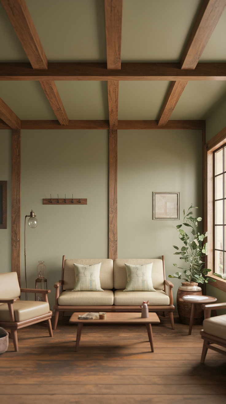 Cozy living room with wooden ceiling beams, sage green walls, and natural wood furniture