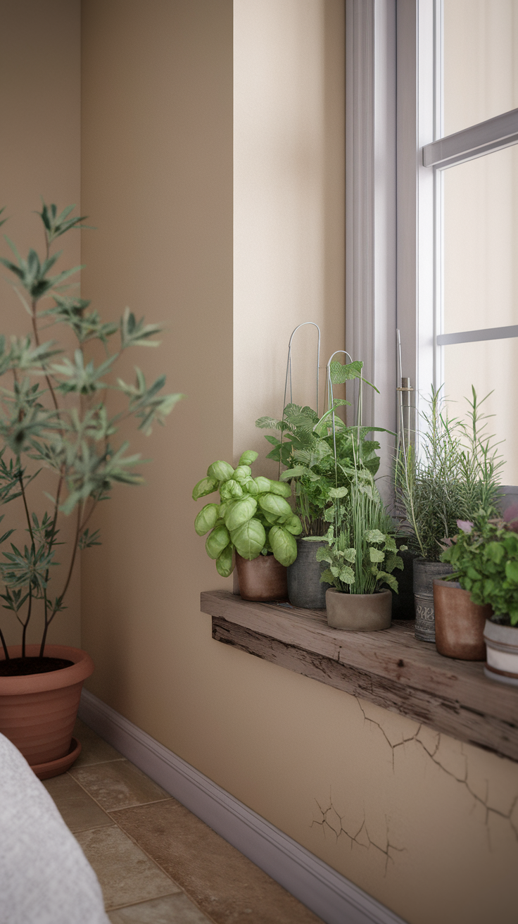 A cozy indoor herb garden in a bedroom featuring various herbs in pots on a wooden shelf by a window.