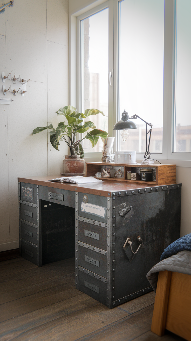 Industrial style desk with metal accents and wooden top, featuring multiple drawers and a lamp, placed in a bright room with a plant.