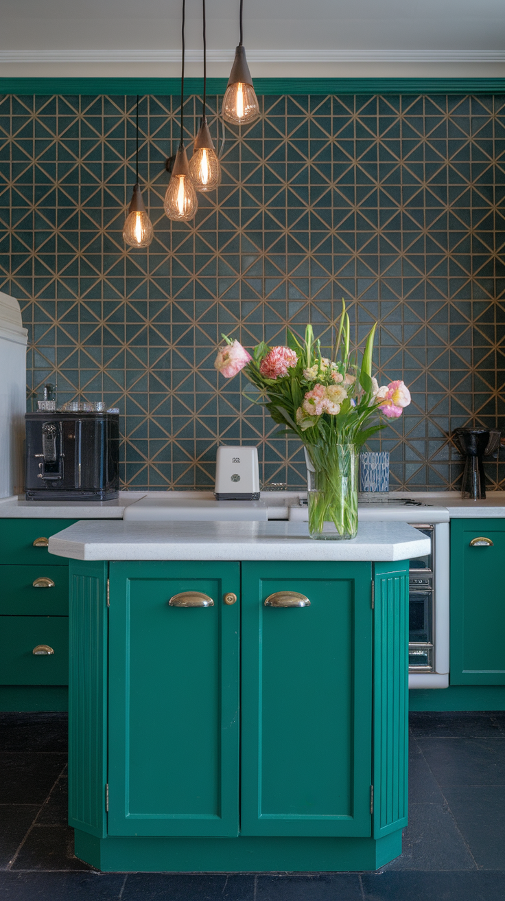 A stylish kitchen featuring Art Deco design elements