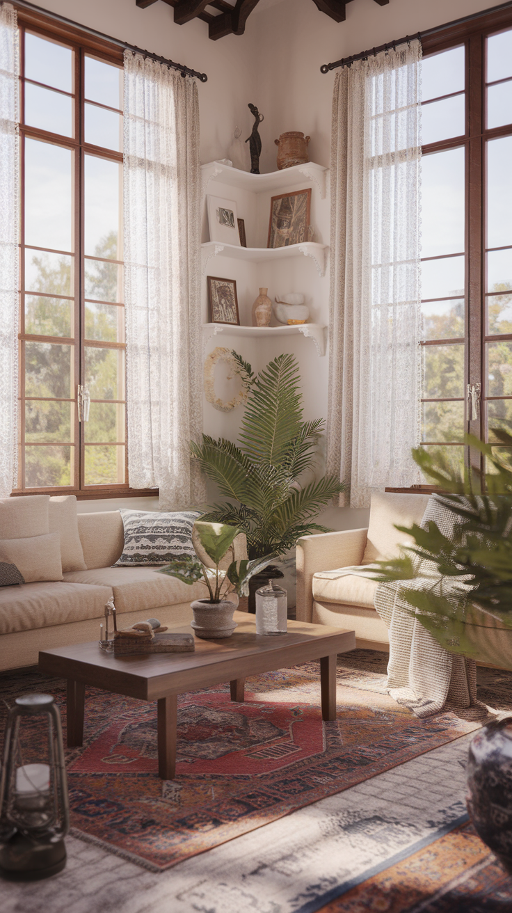 A bright and cozy Spanish-style living room with large windows, soft curtains, a wooden coffee table, and plants.