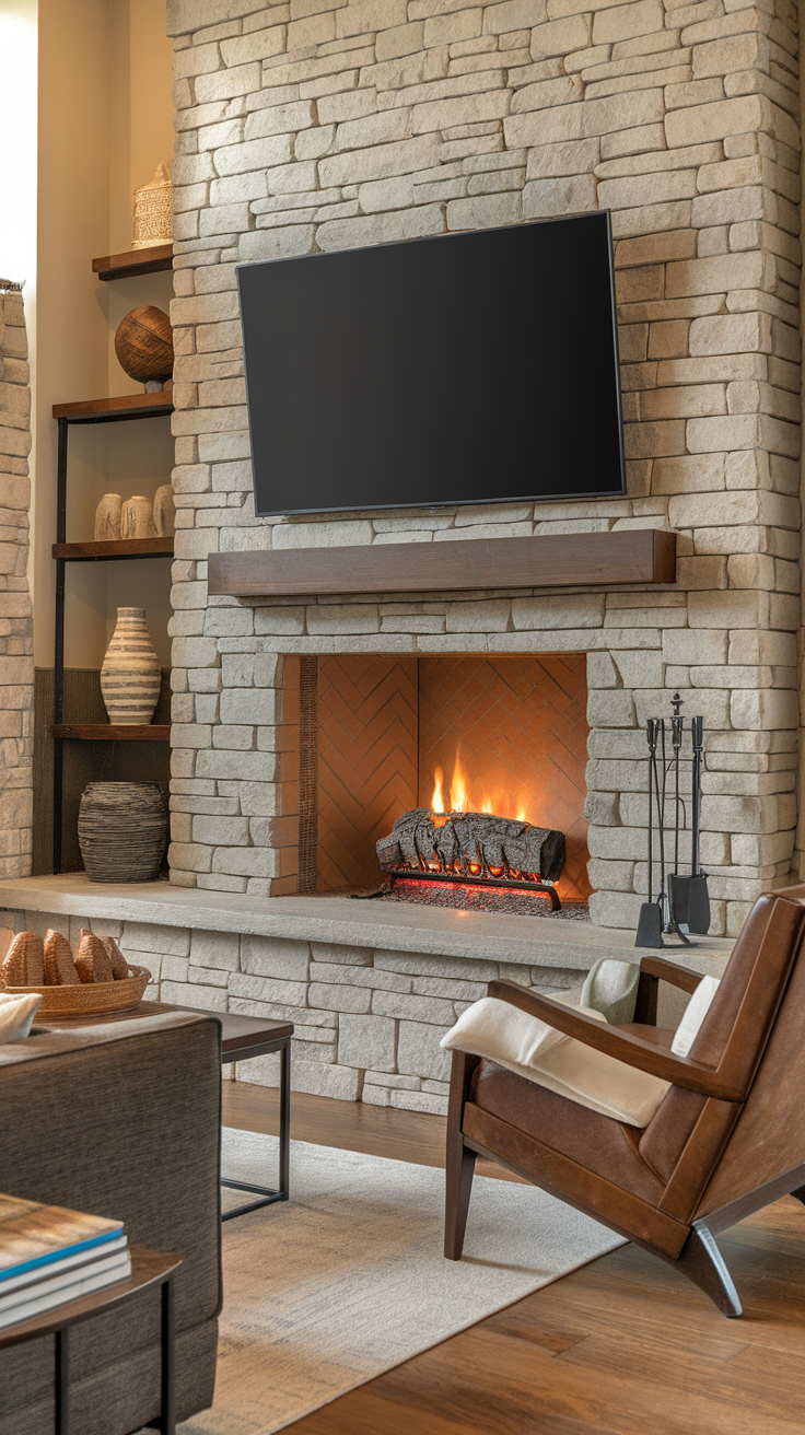 Cozy living room with a stone fireplace, TV above, and stylish decor.