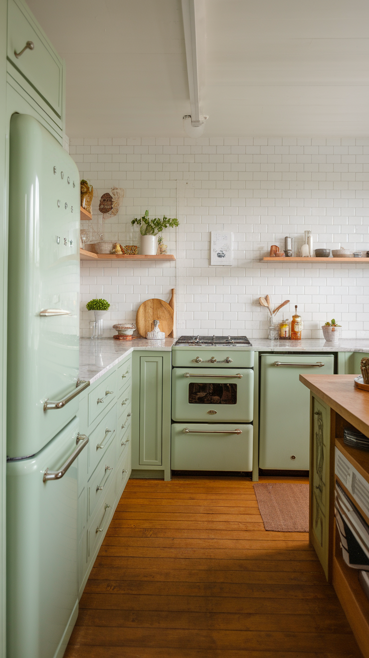 A chic kitchen featuring sage green cabinetry, a stainless steel fridge, and warm wood accents.