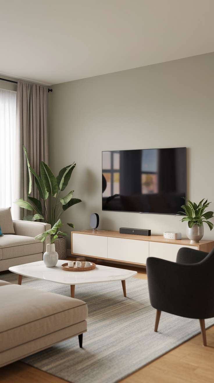 Modern living room featuring a large TV on the wall, comfortable seating, and plants.