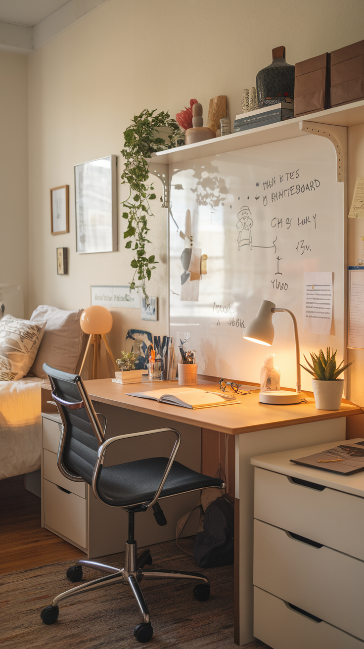 A stylish dorm room desk featuring a whiteboard surface with plants and stationery items.