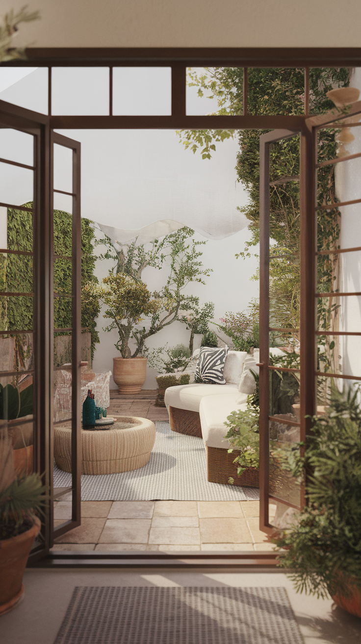 A cozy outdoor terrace featuring a comfortable sofa, potted plants, and a warm atmosphere.