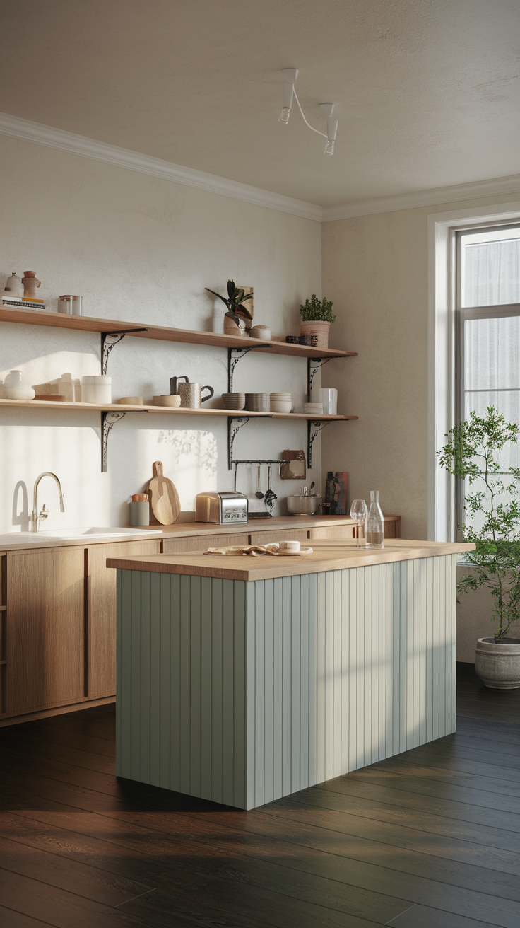 A modern Japandi kitchen with sage green island and open shelving