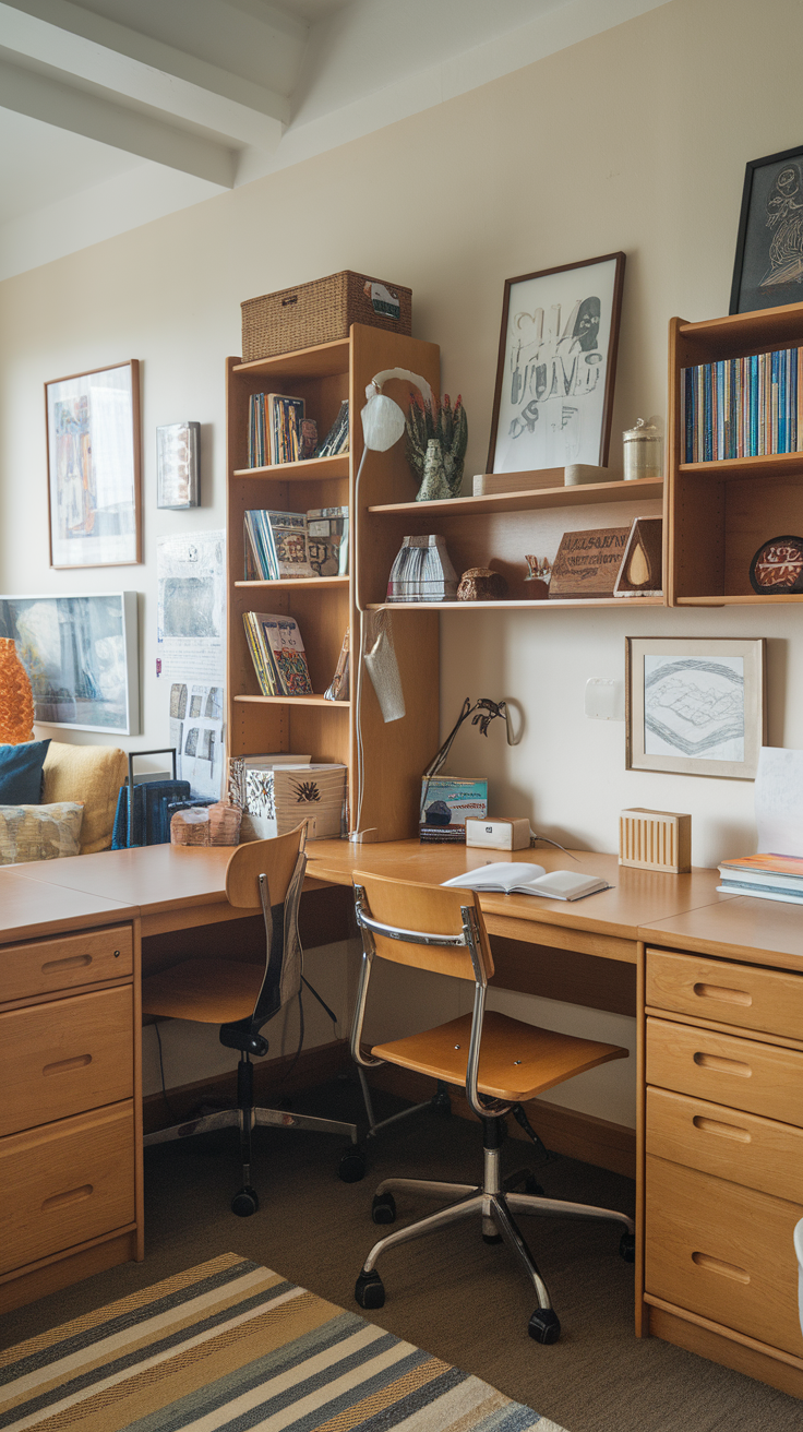 An L-shaped desk in a bright room with plants and chairs, promoting collaborative work.