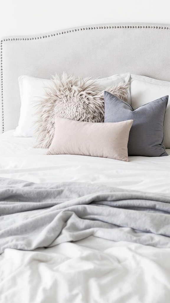 A cozy bed with layered throw pillows in soft colors and textures.