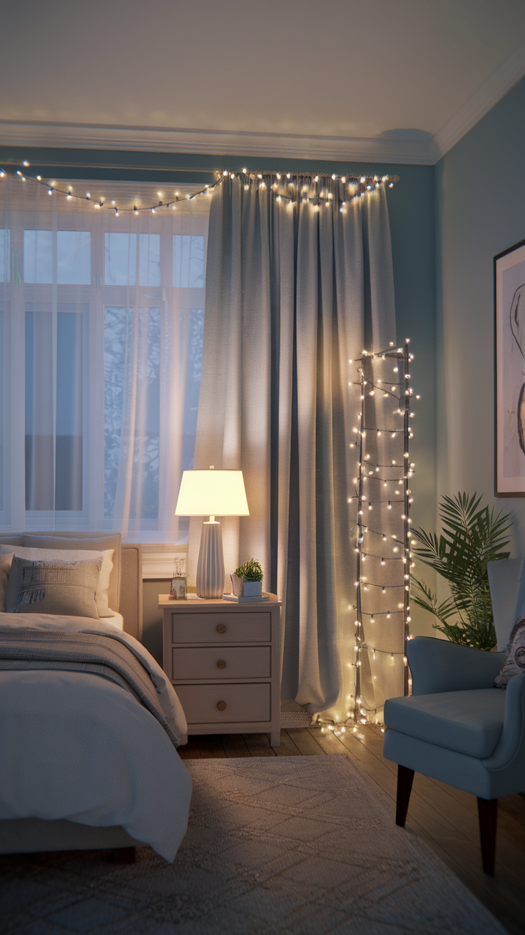 A cozy bedroom featuring layered lighting with fairy lights, a lamp, and soft furnishings.