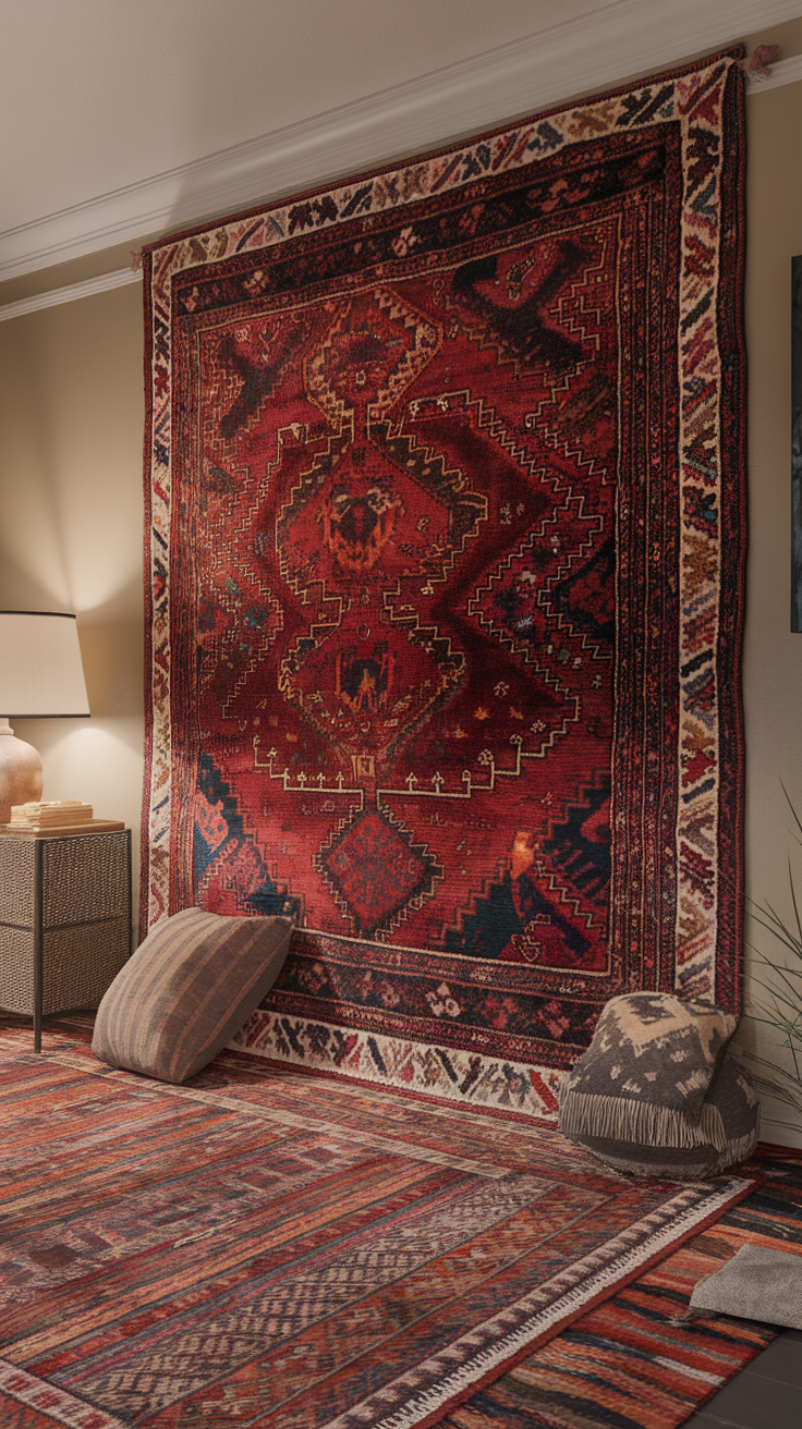 A cozy hippie bedroom featuring layered rugs with a vibrant red wall hanging and patterned floor rug.