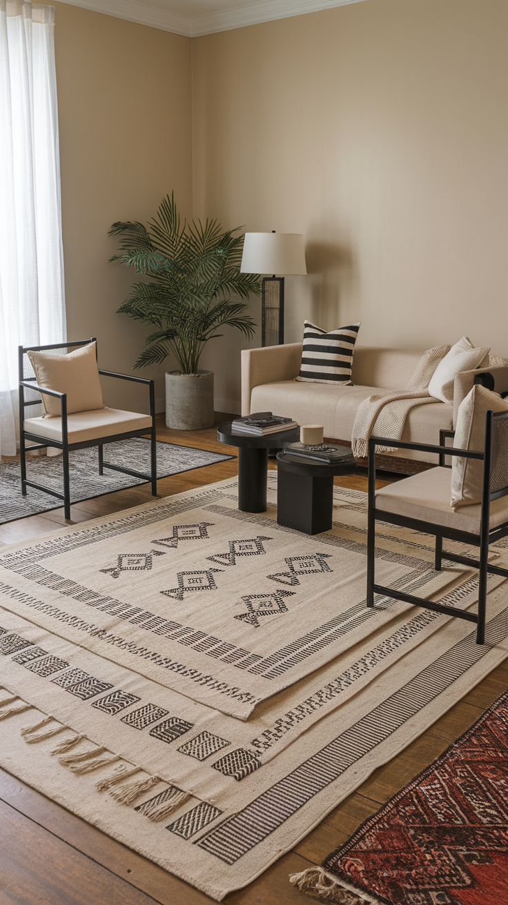 A beige and black patterned rug in a neutral toned living room with a sofa and plants.