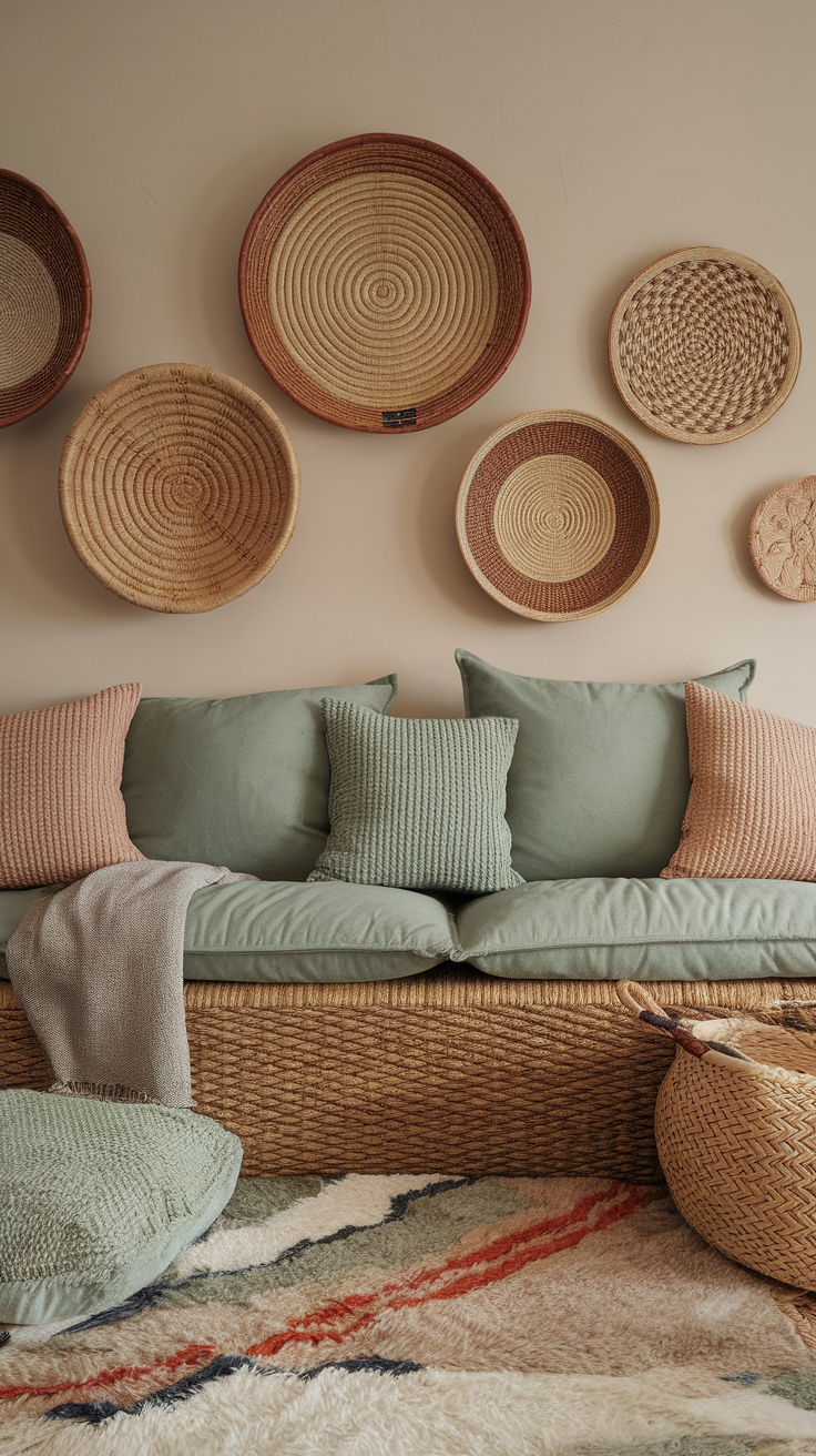 Cozy living room with sage green cushions and woven baskets on the wall