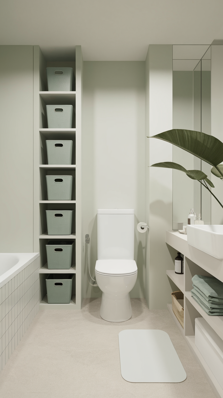 Minimalist bathroom with light sage green accents and white fixtures