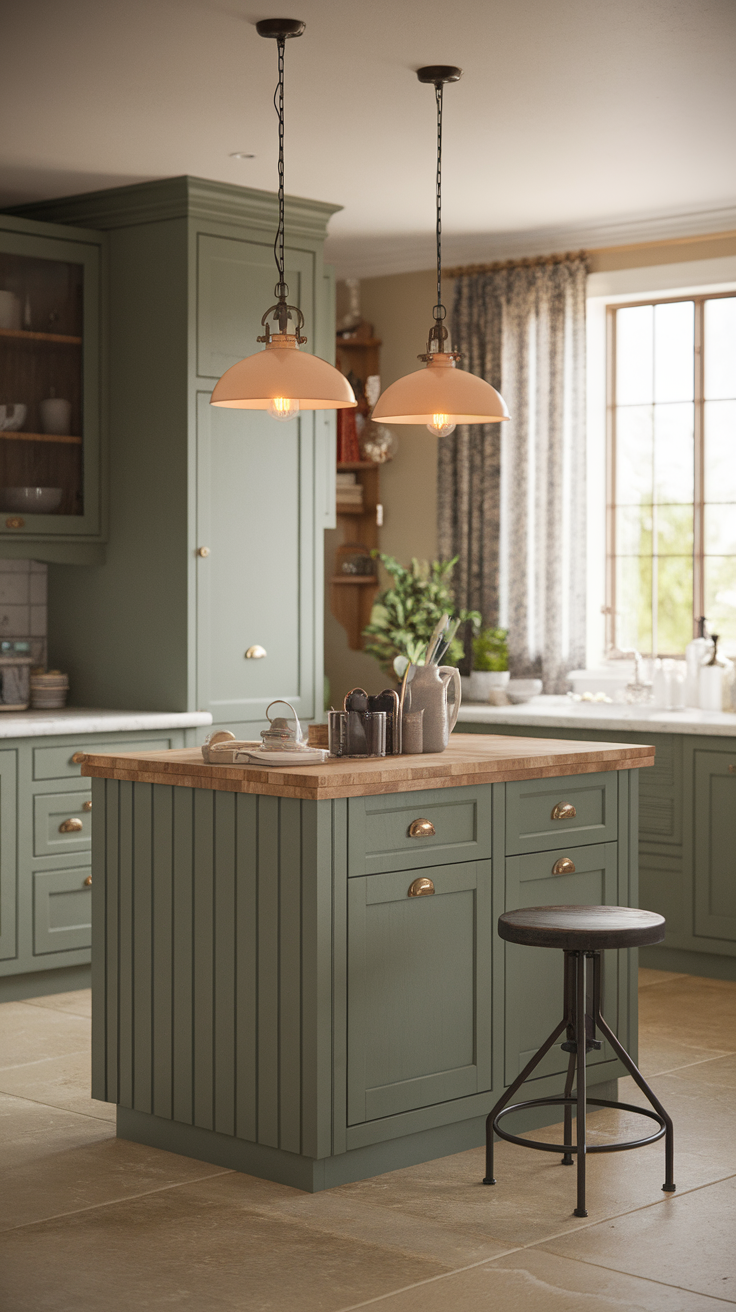 A chic kitchen featuring sage green cabinets and stylish pendant lighting.