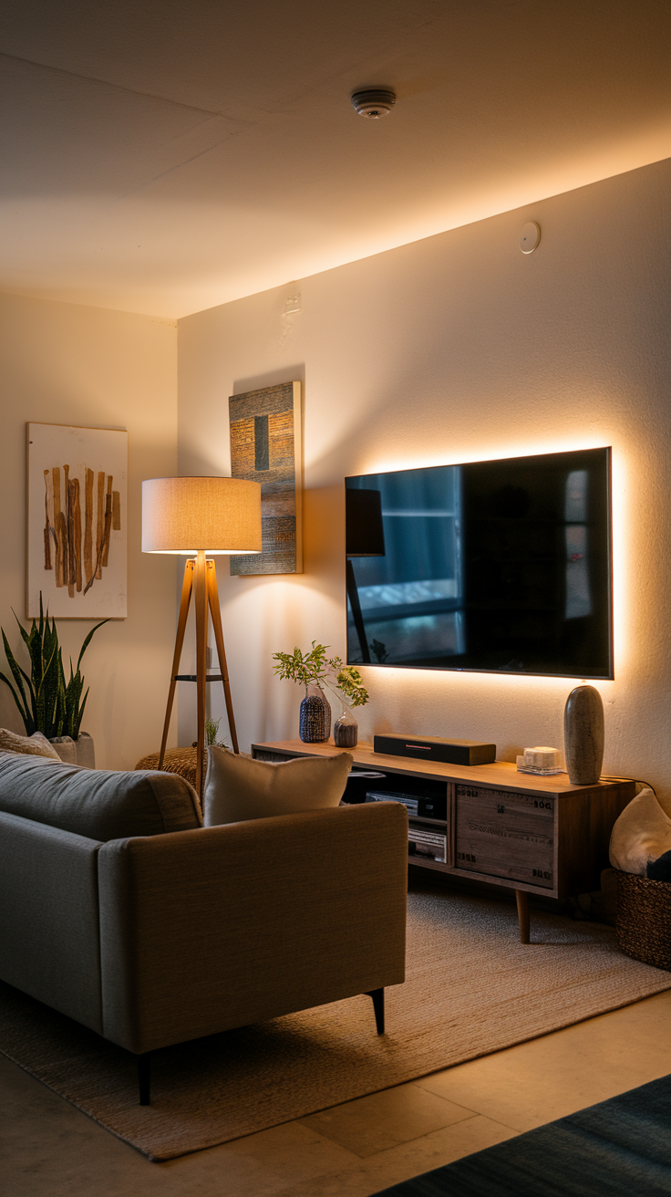 Cozy living room with a TV, warm lighting, and stylish decor.