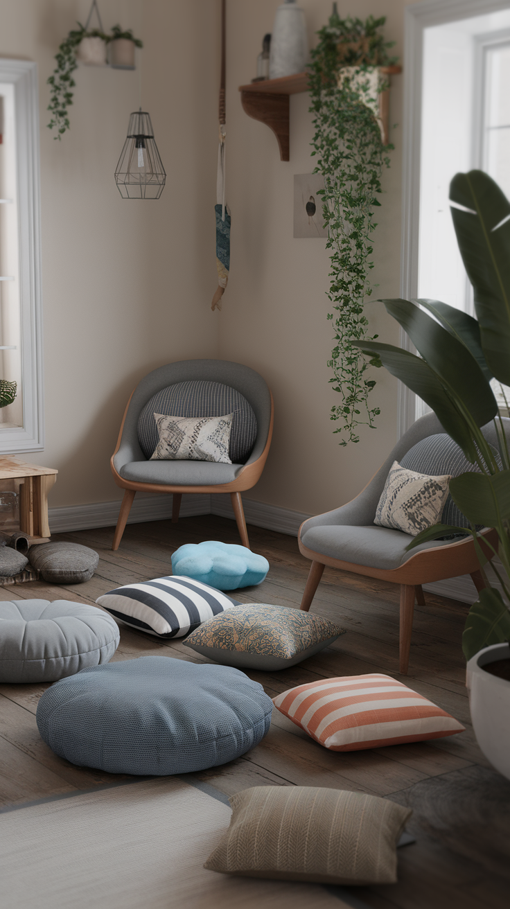 A cozy corner with low-profile furniture, featuring two chairs, various cushions, and hanging plants.