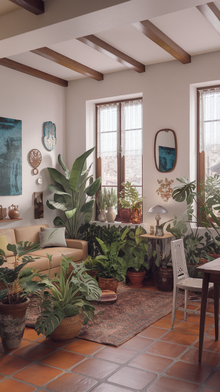 Cozy living room filled with various indoor plants and Spanish style decor.