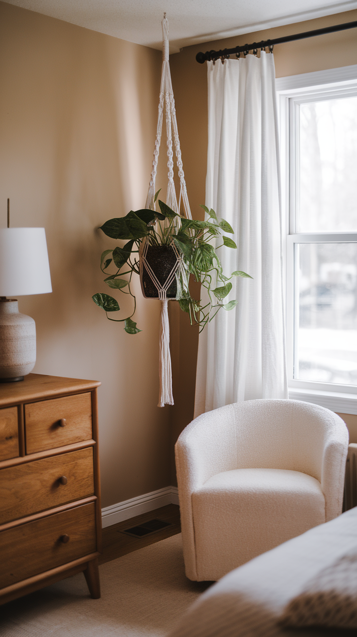 A macrame plant hanger with a green plant in a cozy bedroom setting.