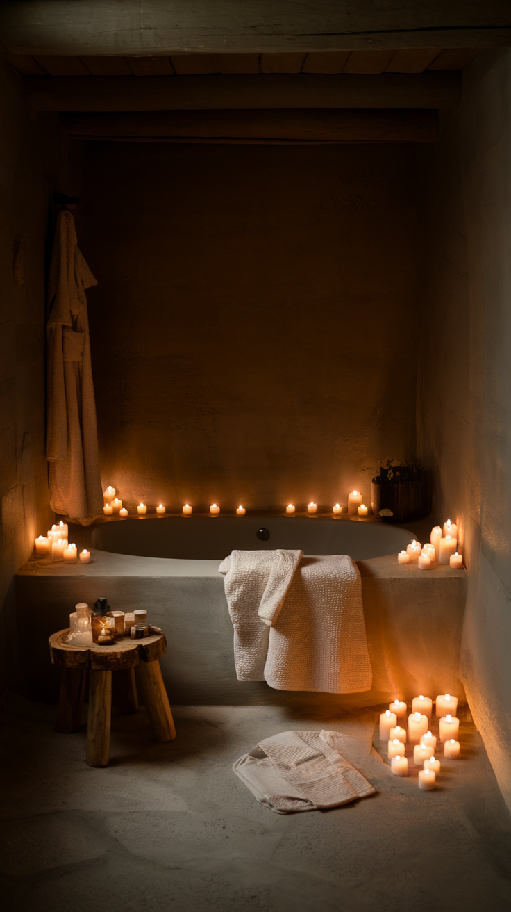 A cozy dark colour bathroom featuring candles, soft cushions, and a rustic stone wall.