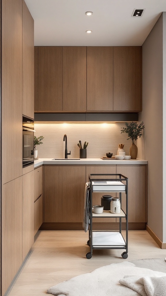 Stylish kitchen with wooden cabinets and a movable cart