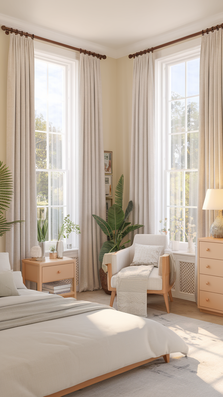 Bright and airy bedroom with large windows, minimalist furniture, and boho elements.