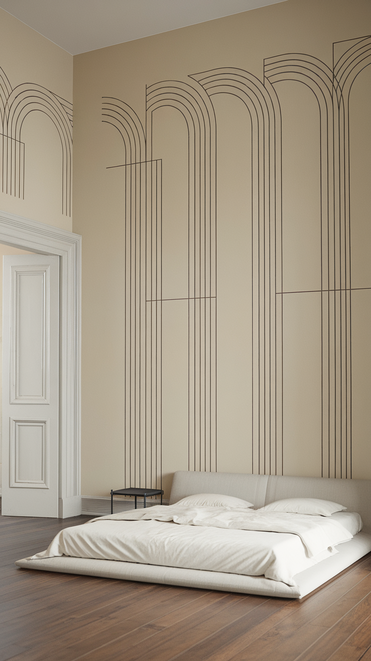 A minimalist bedroom with simple line-patterned wallpaper and a low bed.